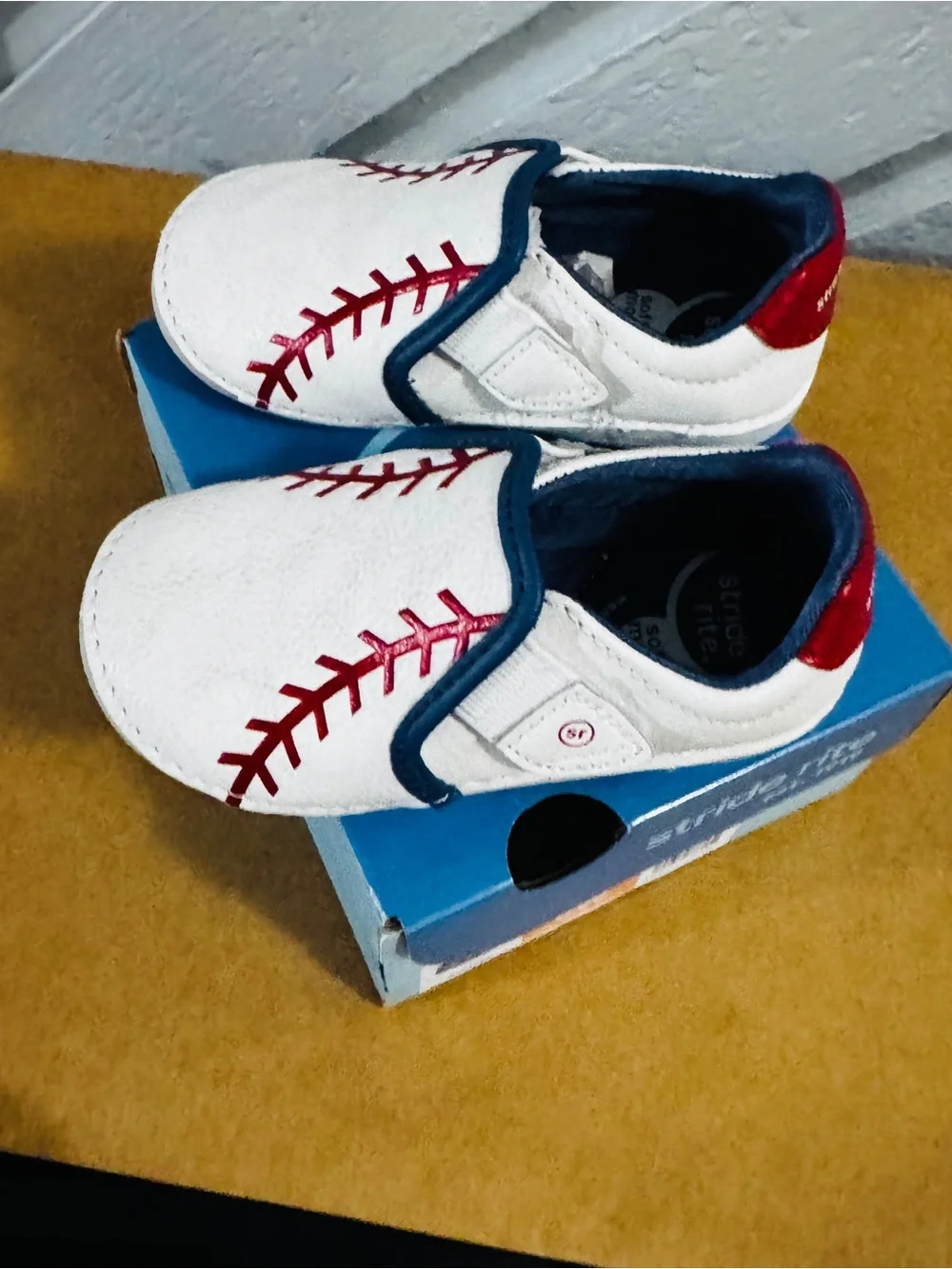 Stride Rite Baby Baseball Slip-On Shoes - White with Red & Navy walkers 6W wide